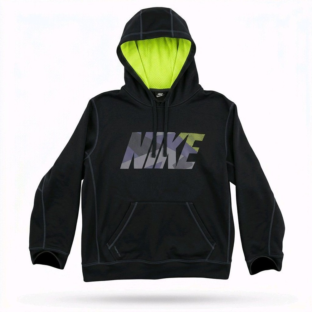 Nike Therma-FIT Hoodie Black Neon Green Geometric Logo Pullover Sweatshirt Large